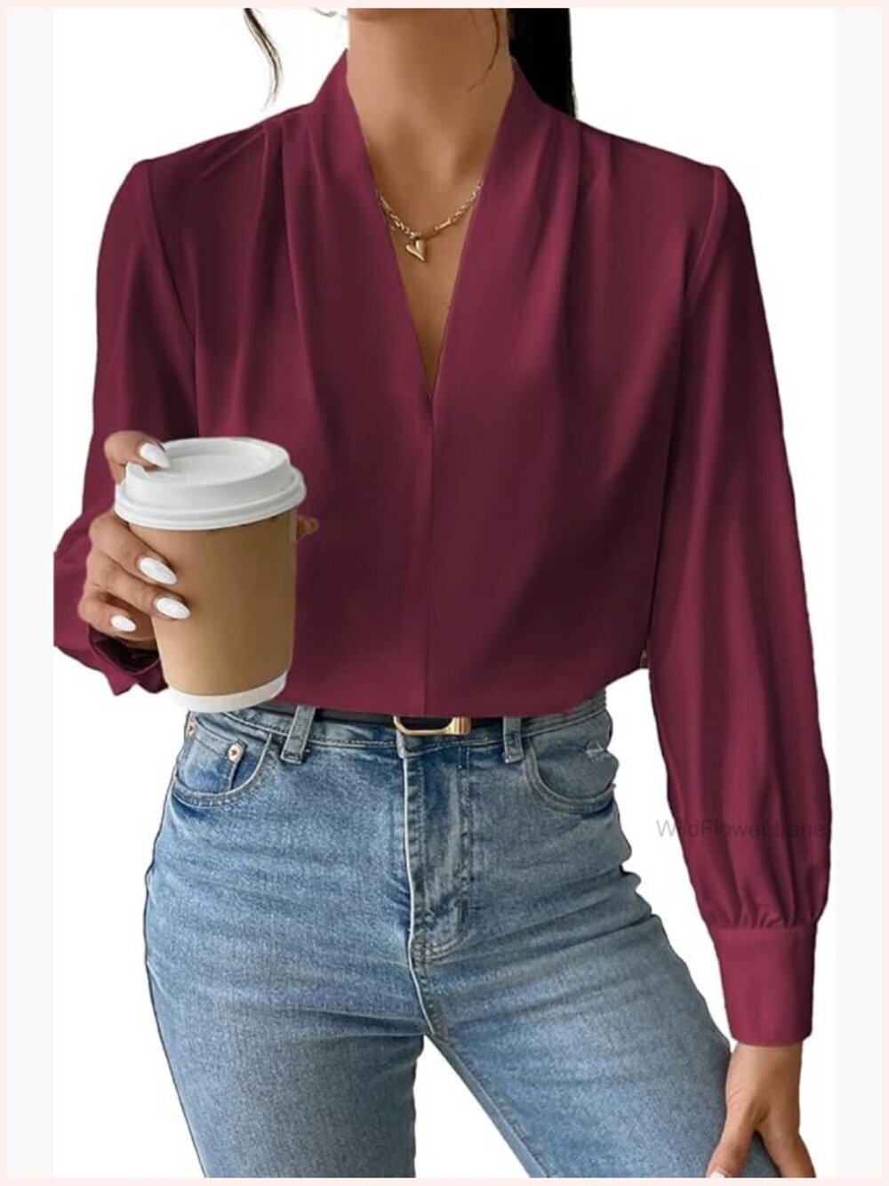 Long Sleeve V-Neck Blouse Business Casual Work Top Office Shirt